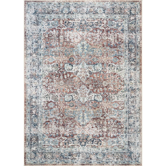 Bloom Rugs Washable Non-Slip 9x12 Rug - Brick / Dark Blue Traditional Oriental Area Rug for Living Room, Bedroom, Dining Room, and Kitchen - Exact size: 9' x 12'