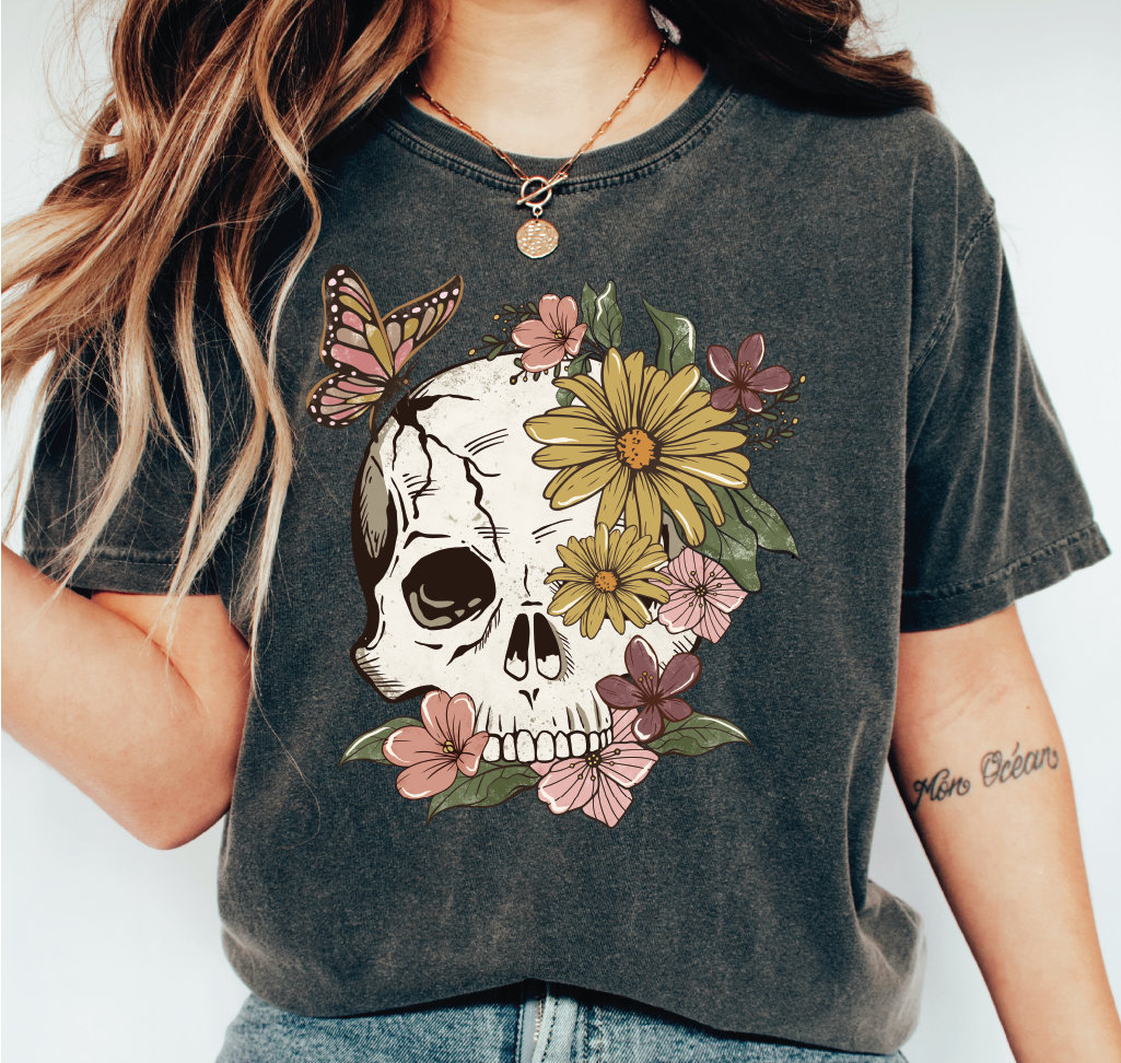 Bloom Skull Shirt, Floral Skull Boho Graphic Tee, Flower Skeleton