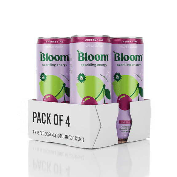 Bloom Sparkling Energy Drink, Cherry Lime, 12 fl oz Cans, 4-Pack Carbonated, Crisp & Refreshing