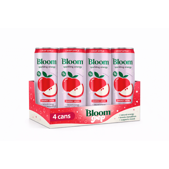 Bloom Sparkling Energy Drink, Crisp Apple, 4 Cans (12oz Each) Natural Caffeine Energy Drink, Zero Sugar, Antioxidant-Rich with Green Coffee Bean & Green Tea Extract