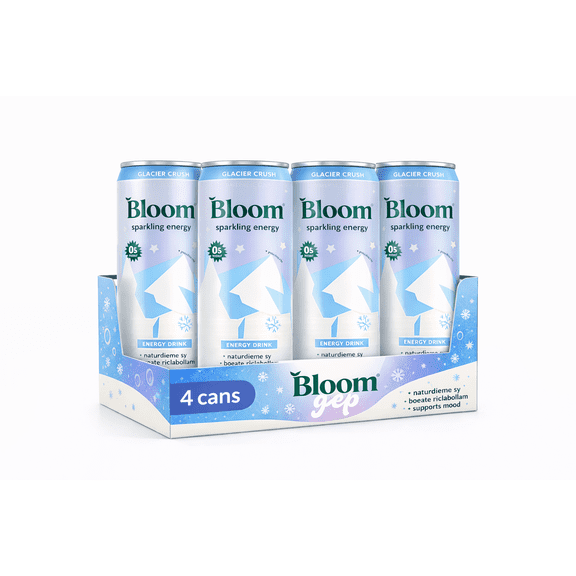 Bloom Sparkling Energy Drink, Glacier Crush, 4 Cans (12oz Each) Natural Caffeine Energy Drink, Zero Sugar, Antioxidant-Rich with Green Coffee Bean & Green Tea Extract