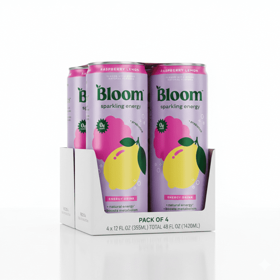  Bloom Sparkling Energy Drink, Raspberry Lemon, 12 fl oz Cans, 4-Pack  Carbonated, Bright & Refreshing 