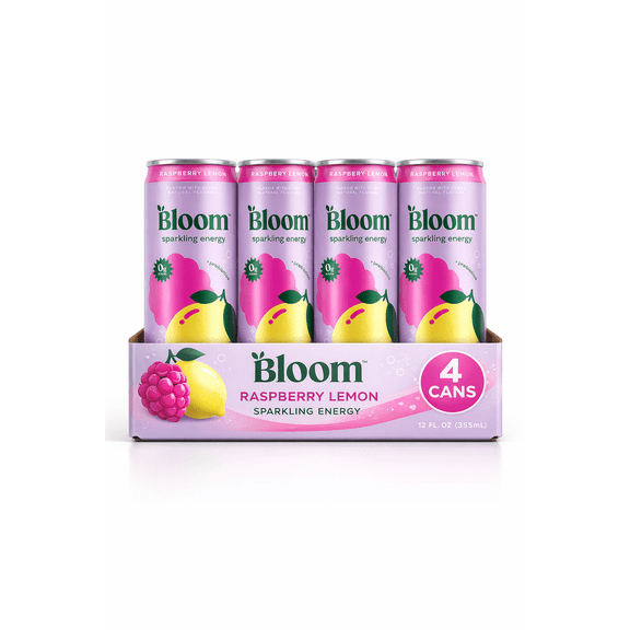 Bloom Sparkling Energy Drink, Raspberry Lemon, 4 Cans (12oz Each) Natural Caffeine Energy Drink, Zero Sugar, Antioxidant-Rich with Green Coffee Bean & Green Tea Extract