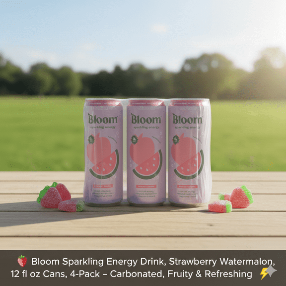 Bloom Sparkling Energy Drink, Strawberry Watermelon, 12 fl oz Cans, 4-Pack Carbonated, Fruity & Refreshing