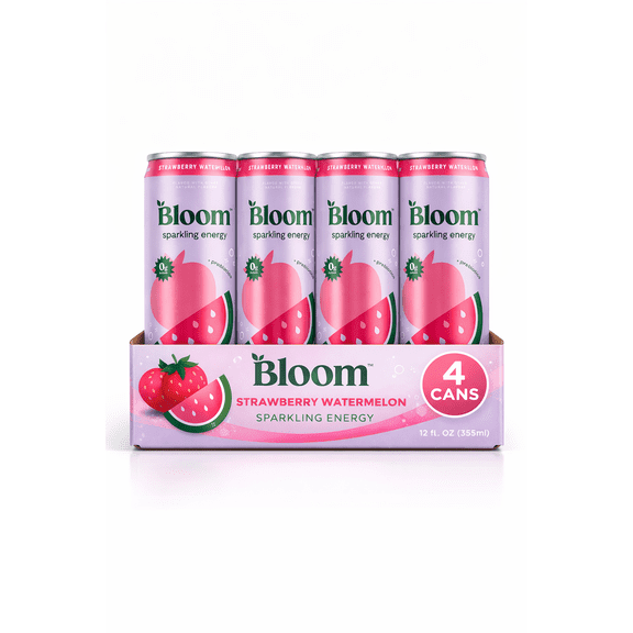 Bloom Sparkling Energy Drink, Strawberry Watermelon, 4 Cans (12oz Each) Natural Caffeine Energy Drink, Zero Sugar, Antioxidant-Rich with Green Coffee Bean & Green Tea Extract