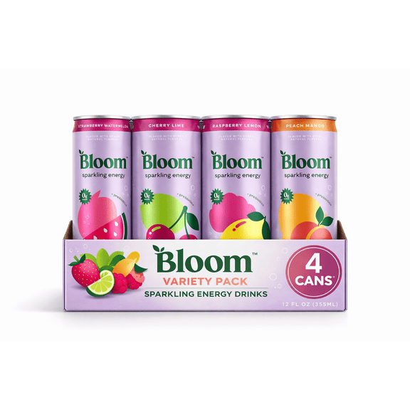 Bloom Sparkling Energy Drink Variety Pack, 4 Cans (12oz Each) Peach Mango, Strawberry Watermelon, Raspberry Lemon & Cherry Lime Natural Caffeine Energy Drink, Zero Sugar