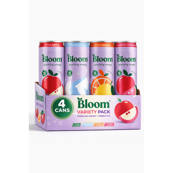 Bloom Sparkling Energy Drink Variety Pack, 4 Pack 12oz Cans Apple Crisp & Glacier Crush, Natural Caffeine Energy Drink, Zero Sugar, Antioxidant-Rich with Green Coffee Bean & Green Tea Extract