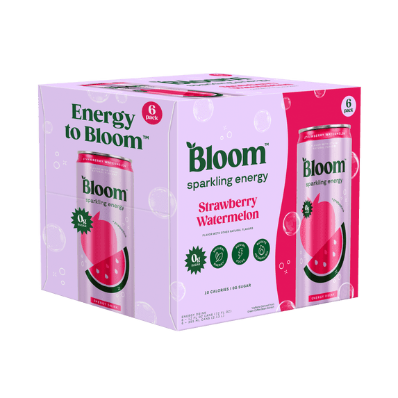 Bloom Nutrition Sparkling Energy Drink, Strawberry Watermelon, 12 fl oz Cans, 6 Pack