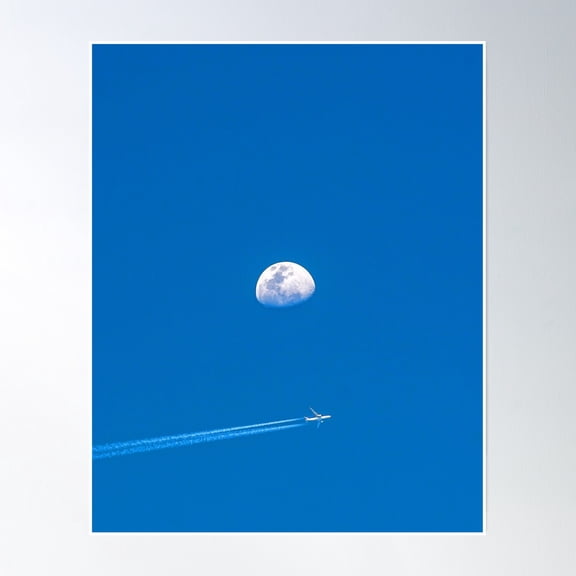 Bloom Theory Aviation #4 - Jet Airliner And Contrail Passing By Moon Poster Wall Art, Modern Wall Decor, 12x18 UNFRAMED