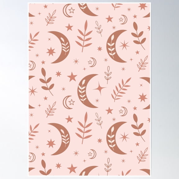 Bloom Theory Beautiful Earthy Boho Moon Pattern In Brown With Leaves And Stars Poster Wall Art, Modern Wall Decor, 16x24 UNFRAMED