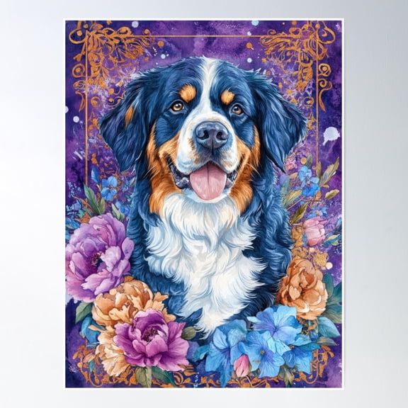 Bloom Theory Bernese Mountain Dog Into Violet & Blue Flowers Poster Wall Art, Modern Wall Decor, 8x12 UNFRAMED