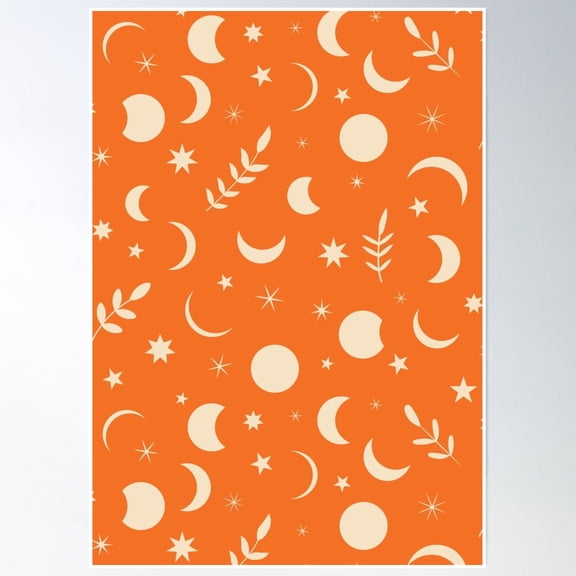 Bloom Theory Boho Moon Phases Pattern With Leaves And Tiny Stars On Orange Background Poster Wall Art, Modern Wall Decor, 16x24 UNFRAMED