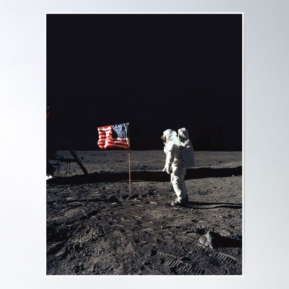 Bloom Theory Buzz Aldrin On The Moon With Flag Poster Wall Art, Modern Wall Decor, 8x12 UNFRAMED
