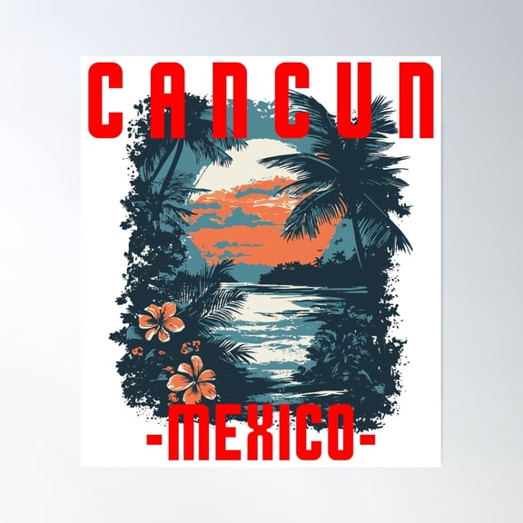 Bloom Theory Cancun - Mexico (With Red Lettering) Poster Wall Art, Modern Wall Decor, 8x12 UNFRAMED