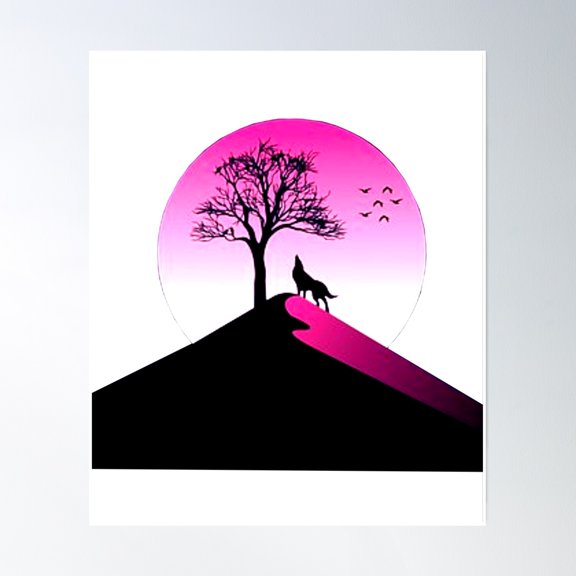 Bloom Theory Cool Pink Moon Wolf Tree And Mountain Art. Poster Wall Art, Modern Wall Decor, 8x12 UNFRAMED