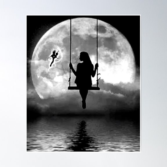 Bloom Theory Cute Girl Watching The Moon On A Swing Art Poster Wall Art, Modern Wall Decor, 8x12 UNFRAMED