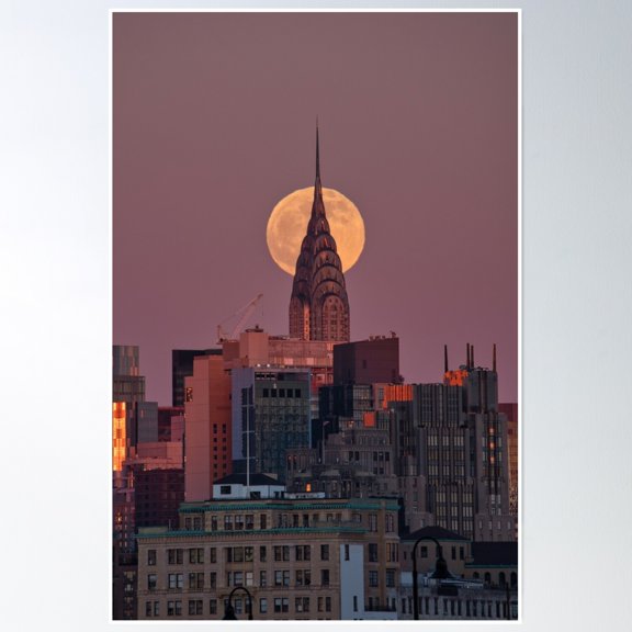 Bloom Theory Full Moon Behind The Chrysler Building Poster Wall Art, Modern Wall Decor, 8x12 UNFRAMED