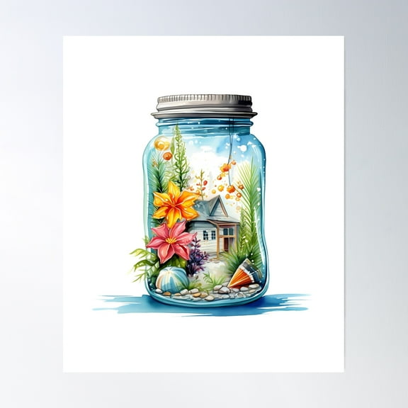 Bloom Theory Mason Jar Landscape Beach Vacation Florals Poster Wall Art, Modern Wall Decor, 8x12 UNFRAMED