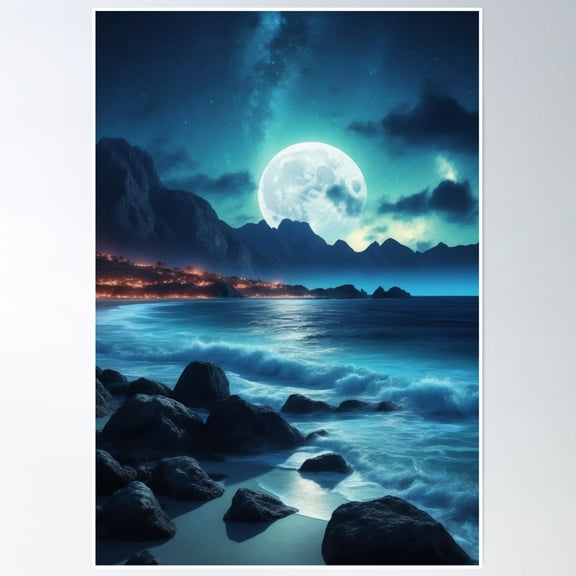 Bloom Theory Midnight Sky Mountain Ocean Full Moon Poster Wall Art, Modern Wall Decor, 8x12 UNFRAMED
