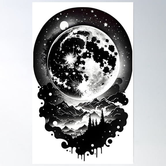 Bloom Theory Moon Graphic, Night Lovers, Black And White, Arstnator Poster Wall Art, Modern Wall Decor, 12x18 UNFRAMED