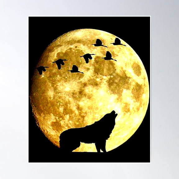 Bloom Theory Moon Wolf Birds Art Poster Wall Art, Modern Wall Decor, 12x18 UNFRAMED