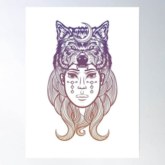 Bloom Theory Moon Wolf Goddess Poster Wall Art, Modern Wall Decor, 8x12 UNFRAMED