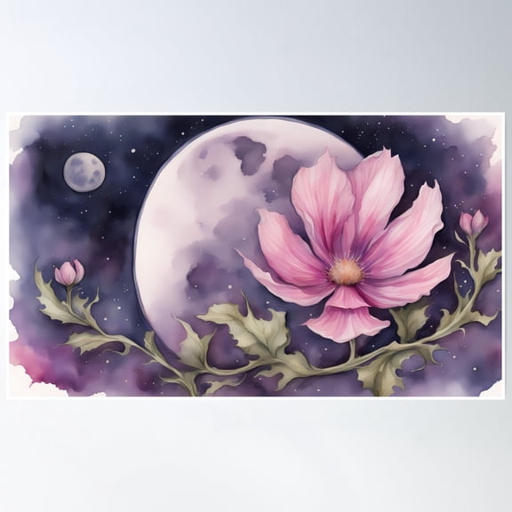 Bloom Theory Pink Flower And Fullmoon Poster Wall Art, Modern Wall Decor, 8x12 UNFRAMED