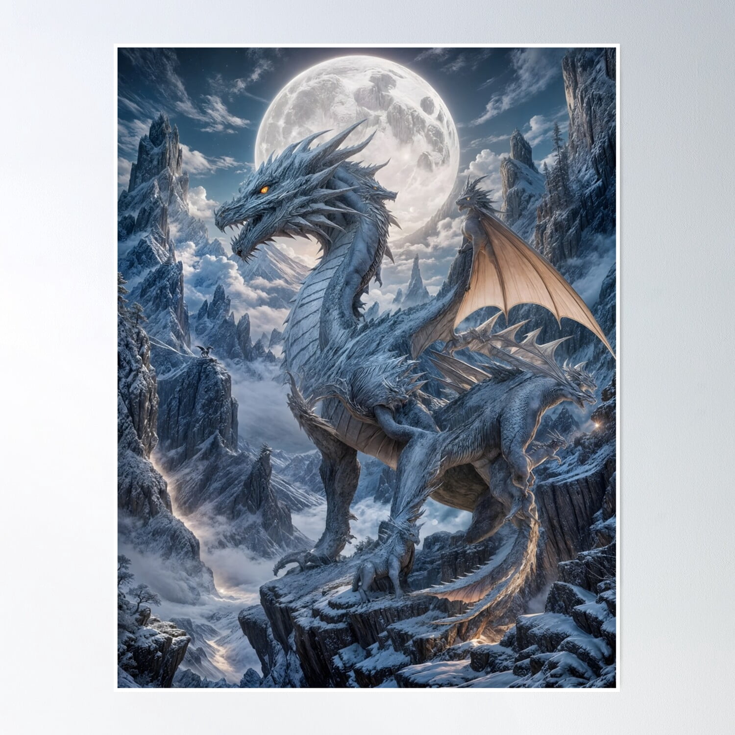 Bloom Theory Silver Dragon In The Moonlight Poster Wall Art, Modern ...
