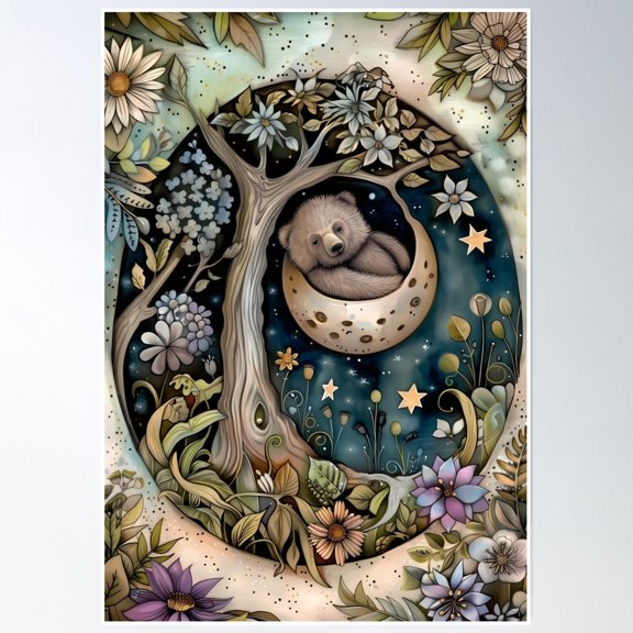 Bloom Theory Sleeping Bear - Crescent Moon Art Poster Wall Art, Modern Wall Decor, 8x12 UNFRAMED