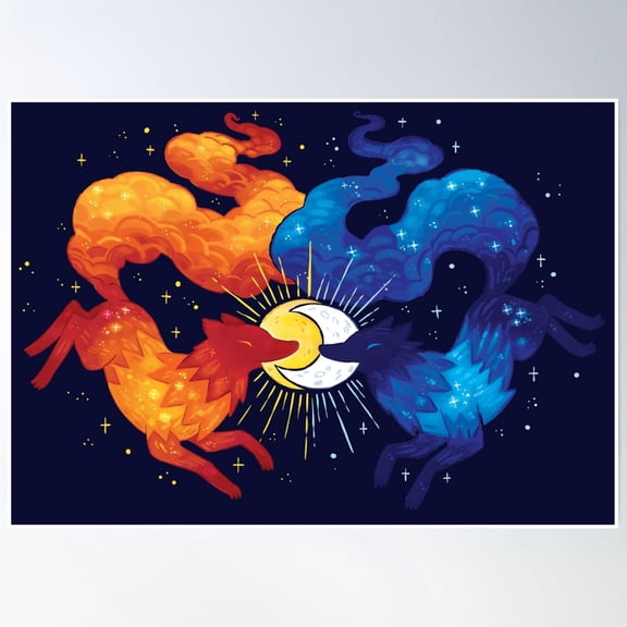 Bloom Theory Sun And Moon Celestial Wolves Poster Wall Art, Modern Wall Decor, 8x12 UNFRAMED