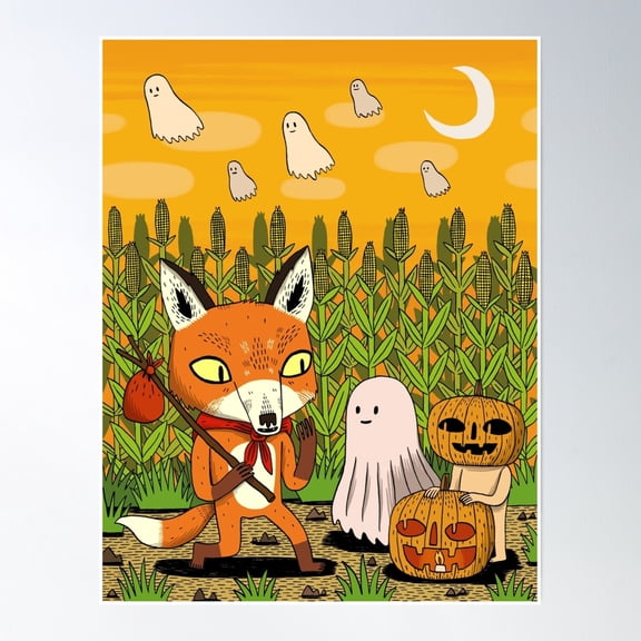 Bloom Theory The Fox, The Ghost And The Pumpkin Poster Wall Art, Modern Wall Decor, 16x24 UNFRAMED