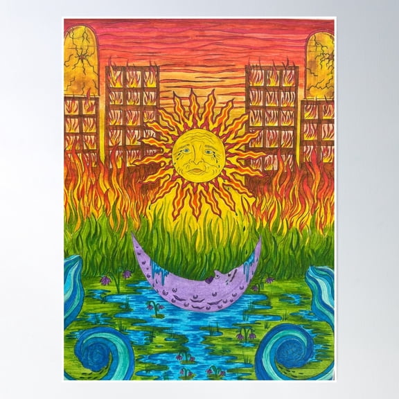Bloom Theory Trippy Sun And Moon Poster Wall Art, Modern Wall Decor, 12x18 UNFRAMED