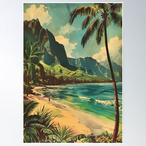 Bloom Theory Vintage Tropical Hawaiian Kauai Coast Scenery Poster Wall Art, Modern Wall Decor, 16x24 UNFRAMED