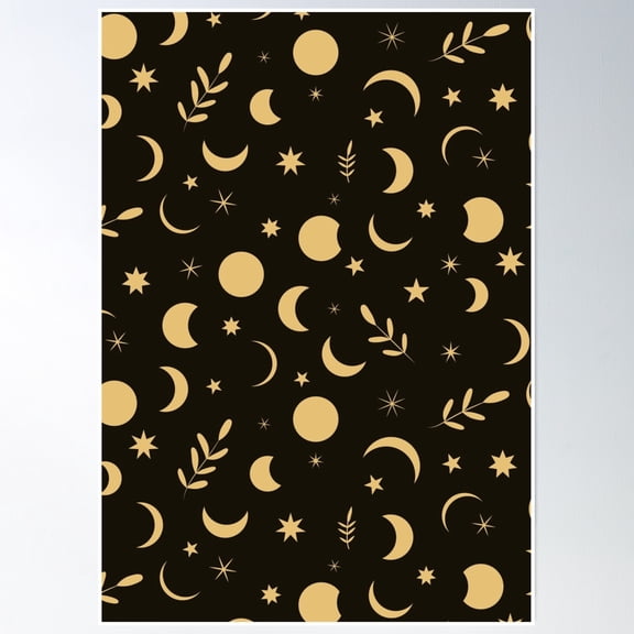 Bloom Theory Yellow Boho Moon Phases Pattern With Leaves And Stars On Black Background Poster Wall Art, Modern Wall Decor, 8x12 UNFRAMED