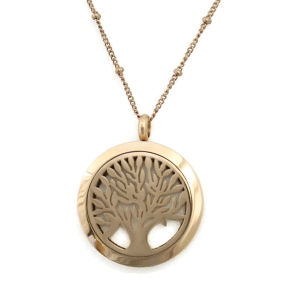 Bloom Tree Of Life Rose Gold Stainless Steel Diffuser Necklace-  30mm- 30"