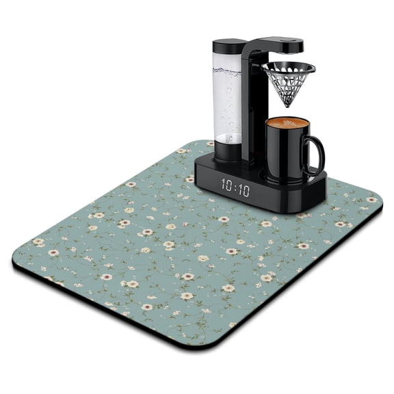 Bloom and Blossom Coffee Bar Mat, Absorbent Vintage Dish Drying Pad, Botanical Kitchen Counter Protector