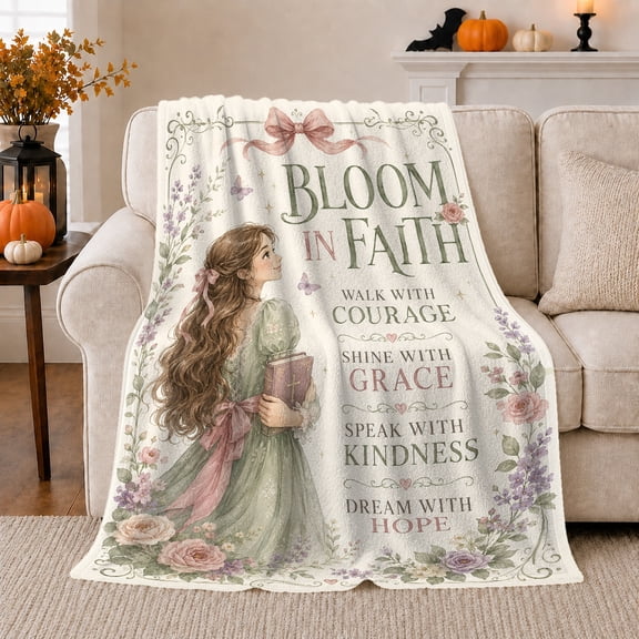 Bloom decorative motif Watercolor Floral, Cozy Friendship Quote Scene, Warm Flannel Blanket for Living Room and Reading Nook, Art Lovers Encouragement Gift, Artistic Home Decor