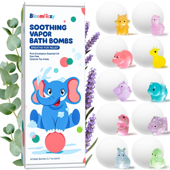 BloomFizzy Soothing Vapor Bath Bombs for Kids with Surprise Toys Inside, Eucalyptus & Lavender Essential Oils, Dye-Free Aromatherapy Bath Fizzies, 10 Pack