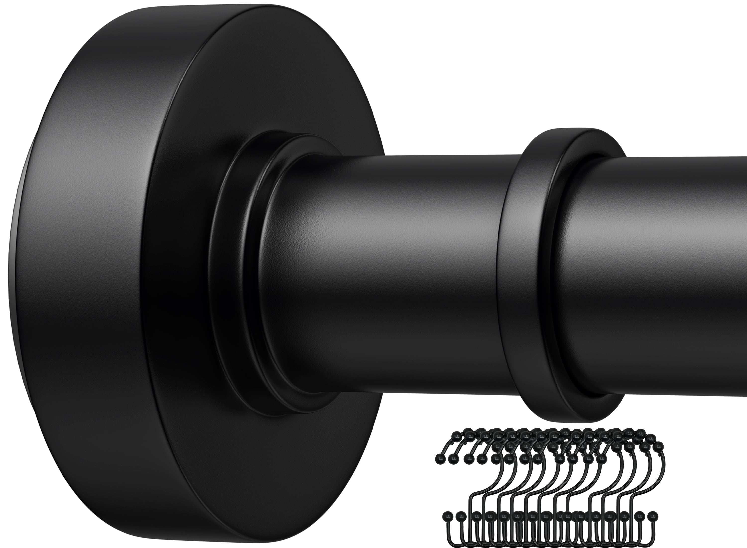 BloomFlower Matte Black Shower Rod with 12 Hooks,43''72'',Never Rust,Never Slip,Spring Tension