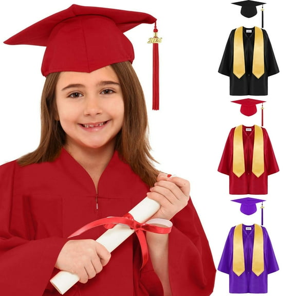 BloomJoy 2-12T Kid Graduation Cap and Gown 2025 Set with Tassel for Kindergarten Preschool Nursery Graduation Red 6-7 Years Little Kid