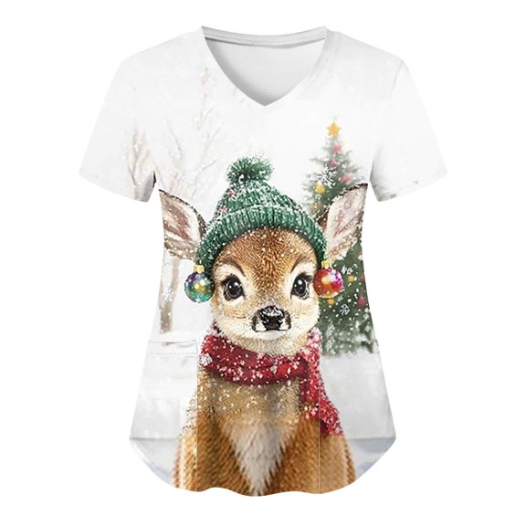 BloomJoy Scrubs for Women Christmas Womens Short Sleeve V Neck Snowman Printed Top Nursed Working T Shirts Blouse With Pockets Holiday T Shirt Weightlifting Long Sleeve Shirts