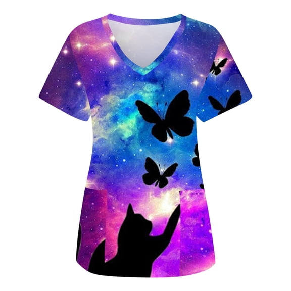 BloomJoy Scrubs for Women Fashion Butterflies Print Short Sleeve Workwear V Neck Pockets Tops Working Blouse Shirt Tee for Women Short Sleeve Small Long Shirt Womens Loose Fit