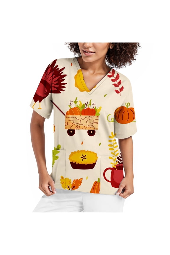 Scrubs for Women Ladies' Thanksgiving Printed Short Sleeved Protective Clothing V Tie Pocket T Shirt Top 2 Long Fitted Shirts for Women Yoga Shirts Snow Long Sleeve