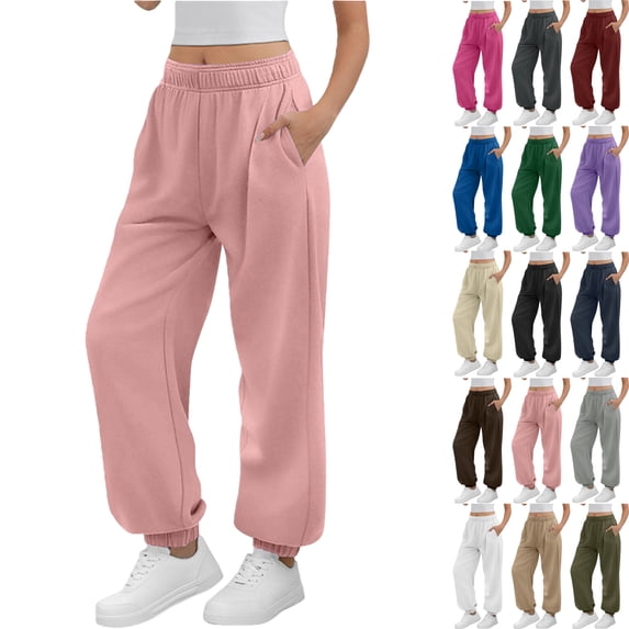BloomJoy Sweatpants for Women Solid Color Elastic Waist Sports And Leisure Belt Pocket Threaded Ankle Pants