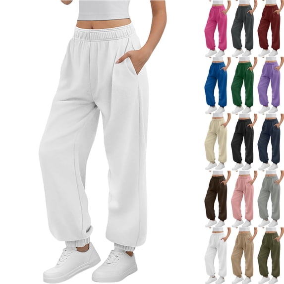 BloomJoy Sweatpants for Women Solid Color Elastic Waist Sports And Leisure Belt Pocket Threaded Ankle Pants