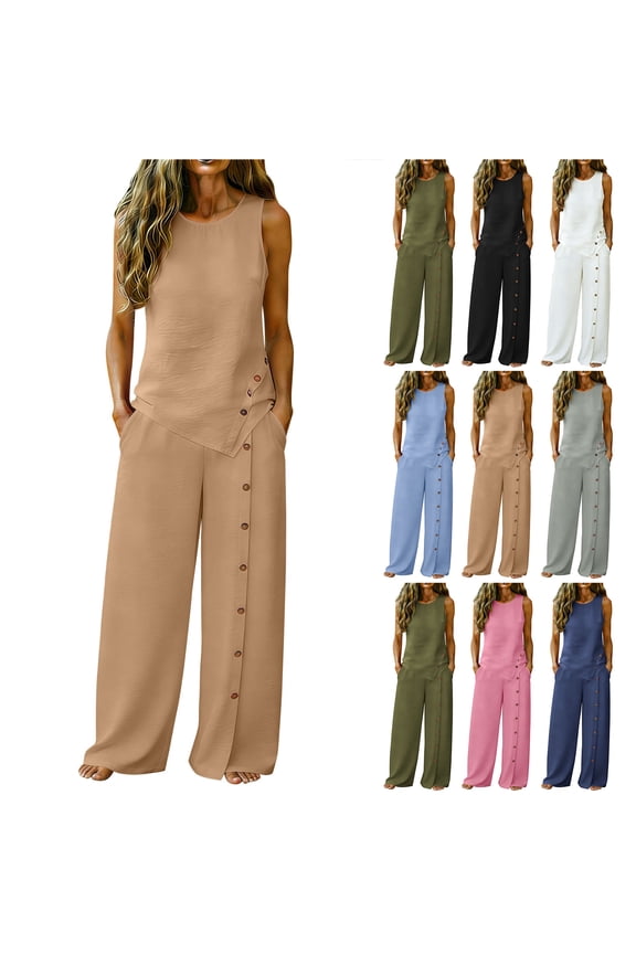 2 Piece Outfits for Women Summer Suits Matching Set Sleeveless Button Irregular Hem Tank Tops and Button Decor Wide Leg Pants with Pockets Loose Comfy Beach Vacation Clothes Pink L