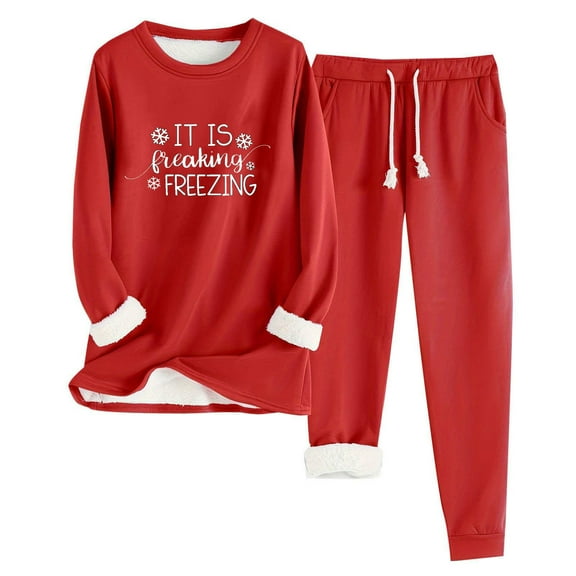 Bloomae 2PCS Outfits Womens Fleece Sherpa Lined Sweatsuits Funny Letters "It is Freaking Freezing" Printed Long Sleeve Crewneck Sweatshits & Sweat Pants Winter Warm Loungewear Tracksuit Set Red S