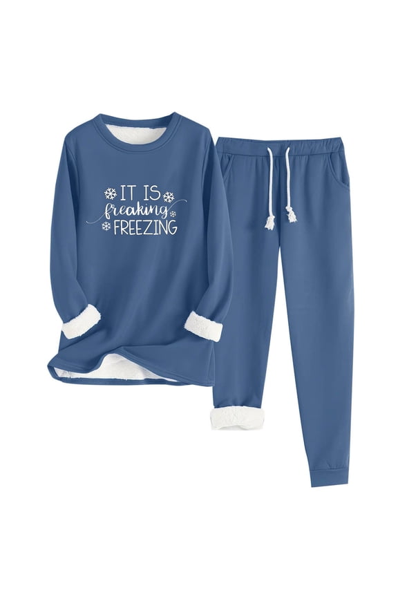 2PCS Outfits Womens Fleece Sherpa Lined Sweatsuits Funny Letters "It is Freaking Freezing" Printed Long Sleeve Crewneck Sweatshits & Sweat Pants Winter Warm Loungewear Tracksuit Set Navy XXL