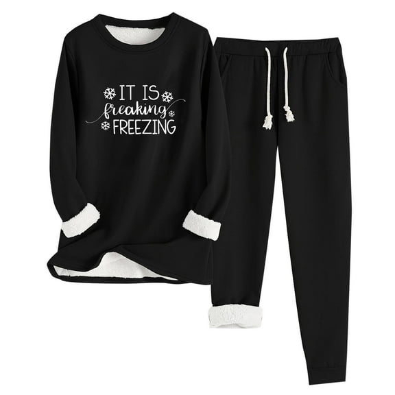 Bloomae 2PCS Outfits Womens Fleece Sherpa Lined Sweatsuits Funny Letters "It is Freaking Freezing" Printed Long Sleeve Crewneck Sweatshits & Sweat Pants Winter Warm Loungewear Tracksuit Set Black S