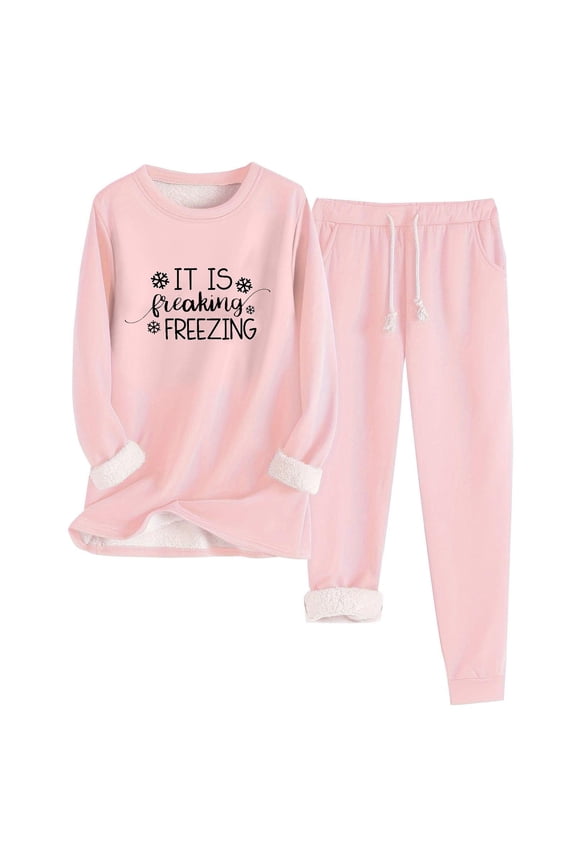 2PCS Outfits Womens Fleece Sherpa Lined Sweatsuits Funny Letters "It is Freaking Freezing" Printed Long Sleeve Crewneck Sweatshits & Sweat Pants Winter Warm Loungewear Tracksuit Set Pink M